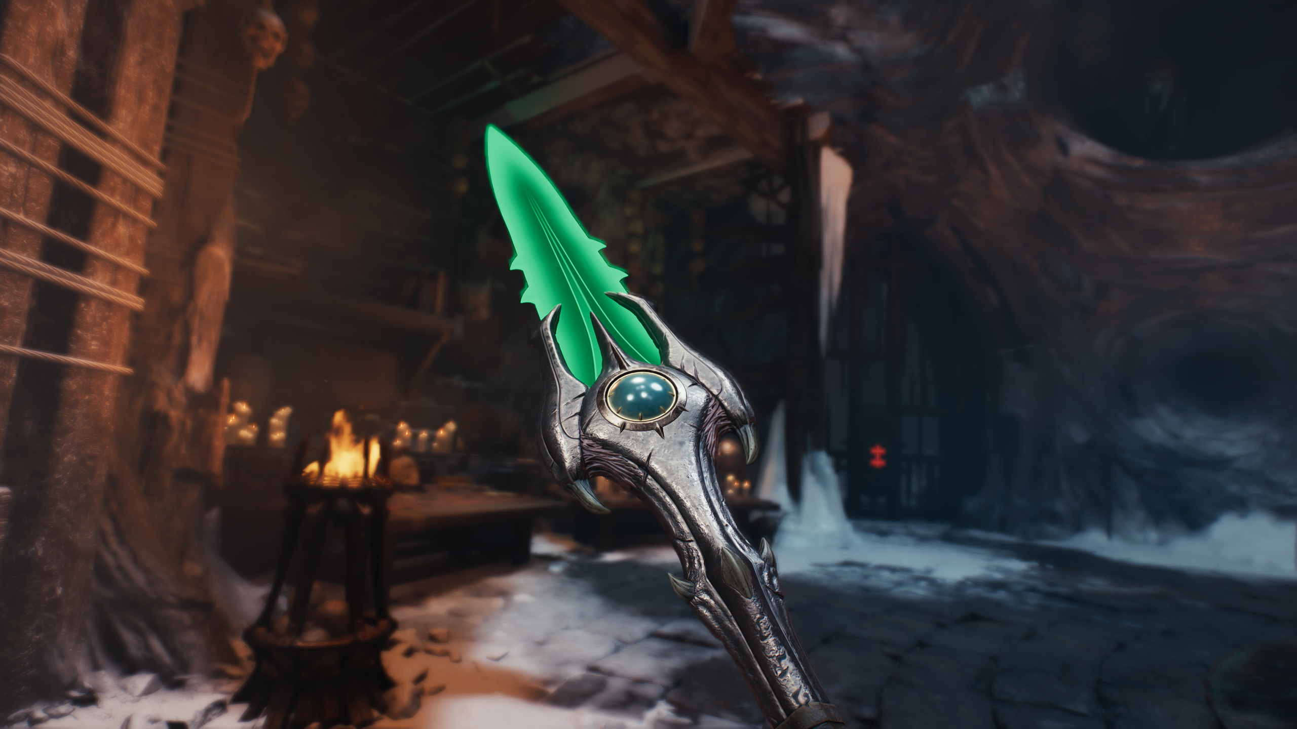 Doom: The Dark Ages - A first-person screenshot of the Doom Slayer inspecting the Chain Spear in a crypt.